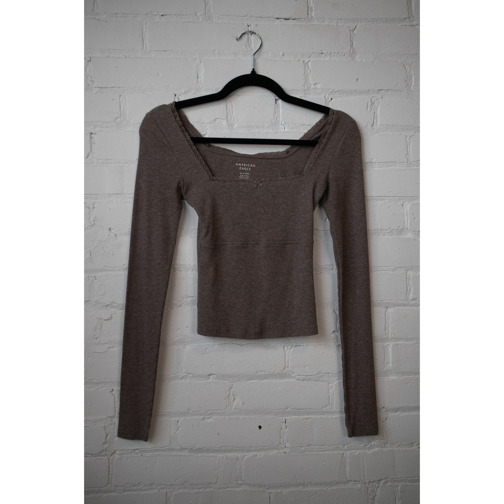 American Eagle Womens Brown Ribbed Long Sleeve Lace Trim Square Neck Top XS